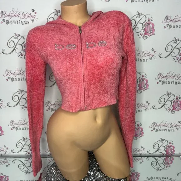 Bebe furry sweater fuzzy cropped pink coral bling rhinestone logo zip up y2k - Picture 7 of 16